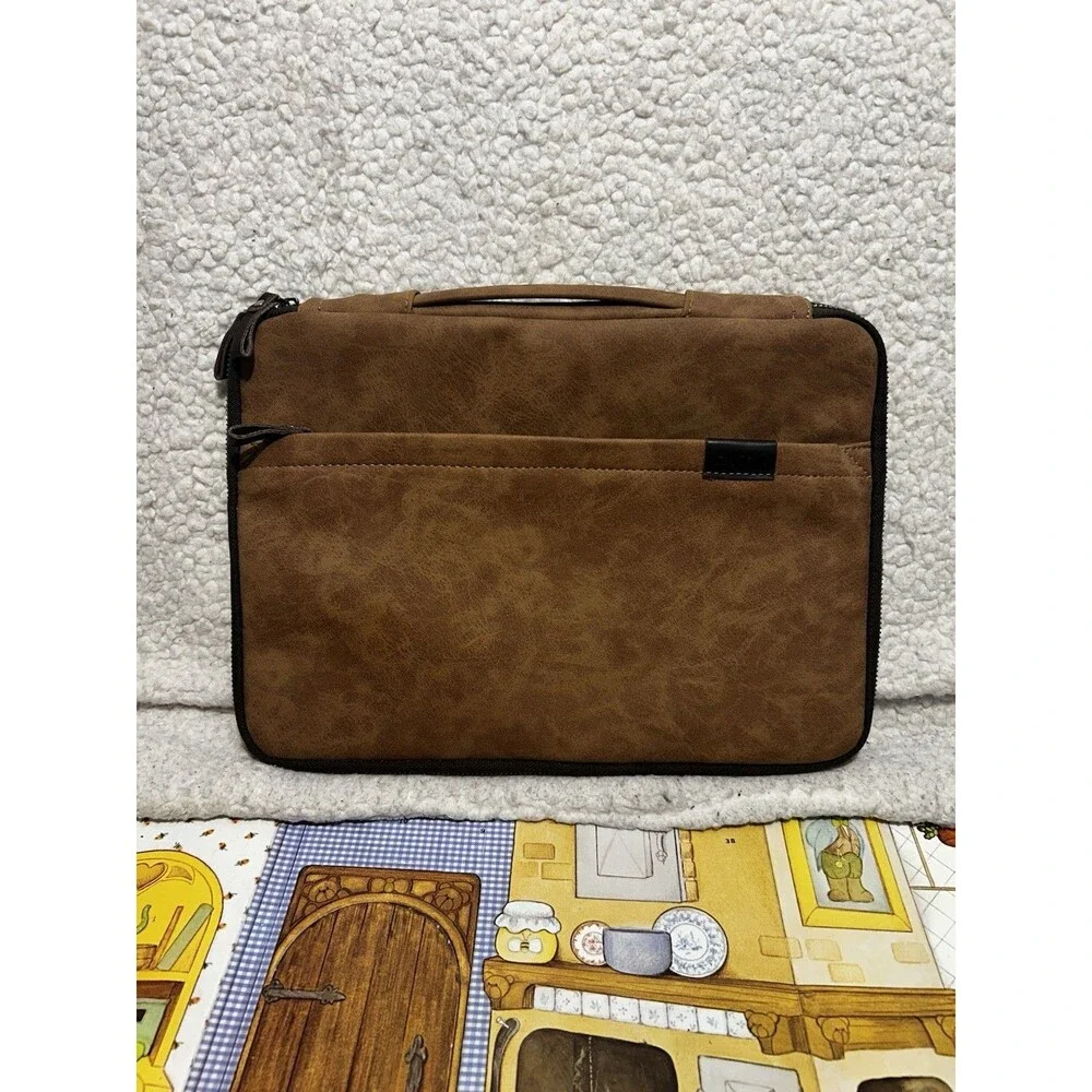 CAISON Brown Faux Leather Laptop Sleeve Case Briefcase Handle Pouch